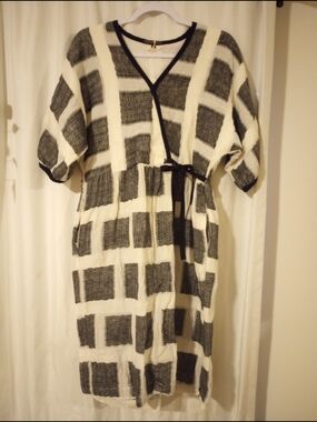 Black & Cream Checked Wrap-Style Midi Dress with Tie Waist